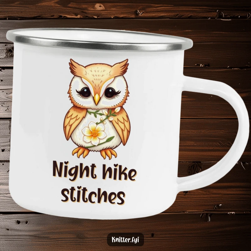 Funny Owl Camping Mug: A focused owl meticulously embroiders a delicate flower, designed for outdoor crafting humor.