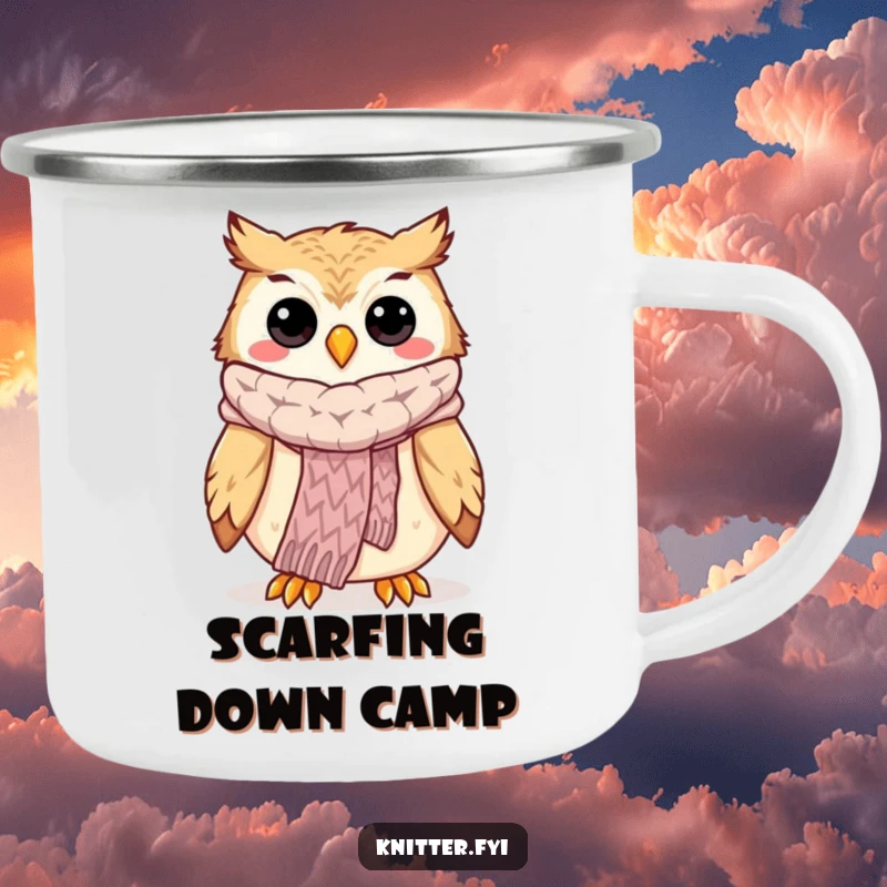 Funny owl knitting camping mug with a happy owl showing off a knitted scarf, durable and charming.
