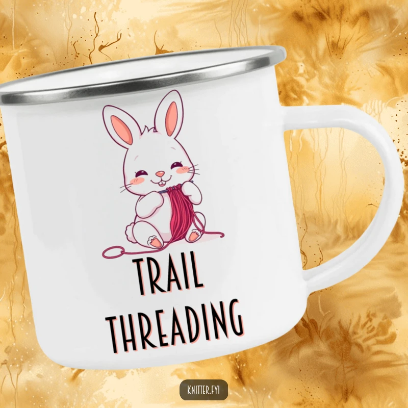 Funny cheerful rabbit camping mug threading a needle, a durable and humorous drinkware for craft lovers.