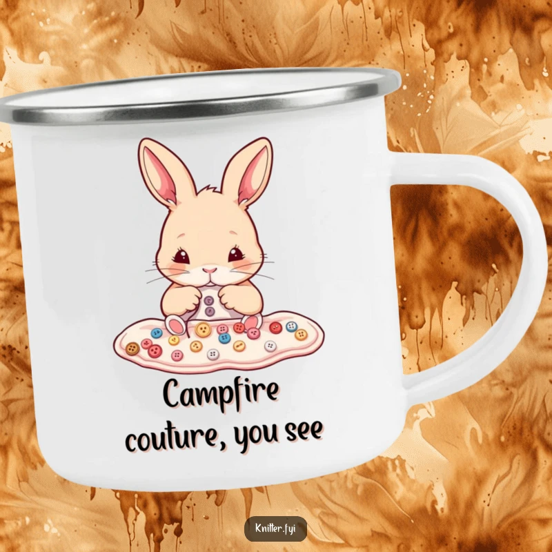 Funny rabbit camping mug showing a determined bunny meticulously sewing tiny buttons onto fabric. Durable and humorous.