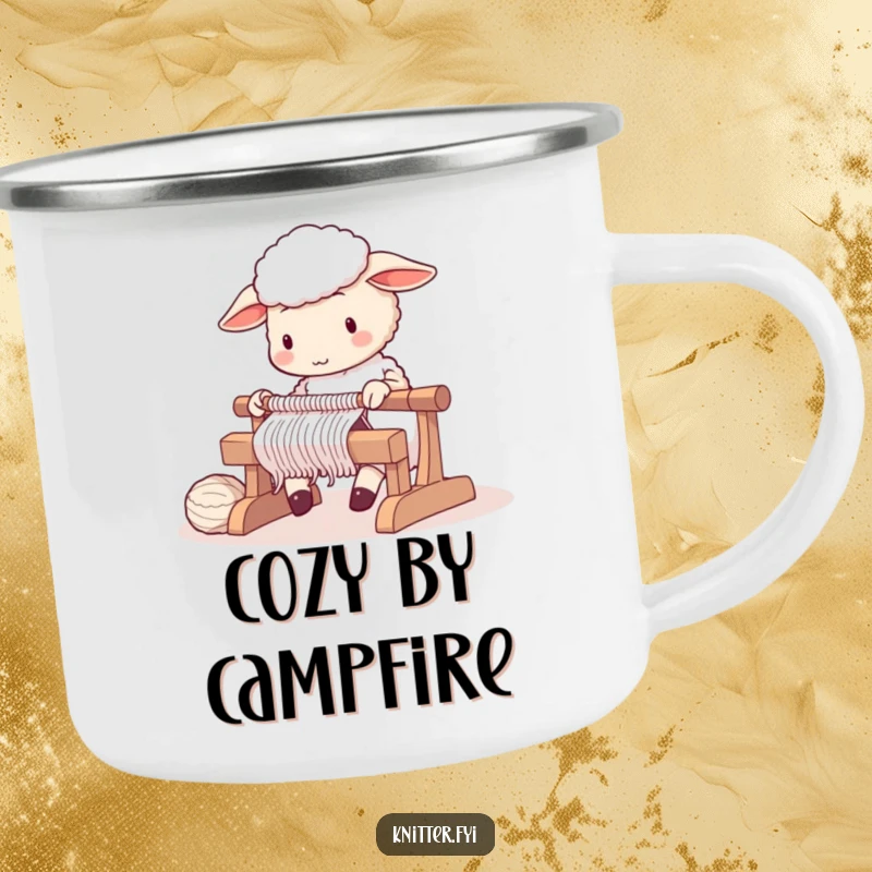 Cute sheep character diligently operating a knitting loom, on a camping mug.