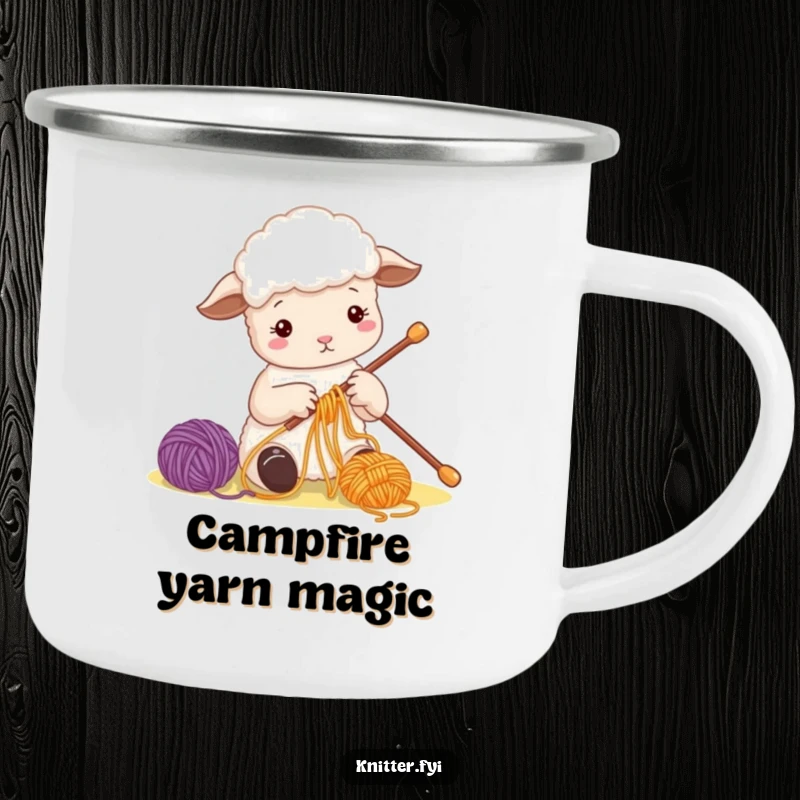 Funny Sheep Camping Mug showing a cute sheep character busily threading colorful yarn onto a large needle, great for outdoors.