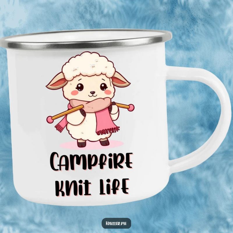 Funny sheep knitting camping mug, showing a sheep knitting a scarf in a rustic outdoor setting, durable and amusing.