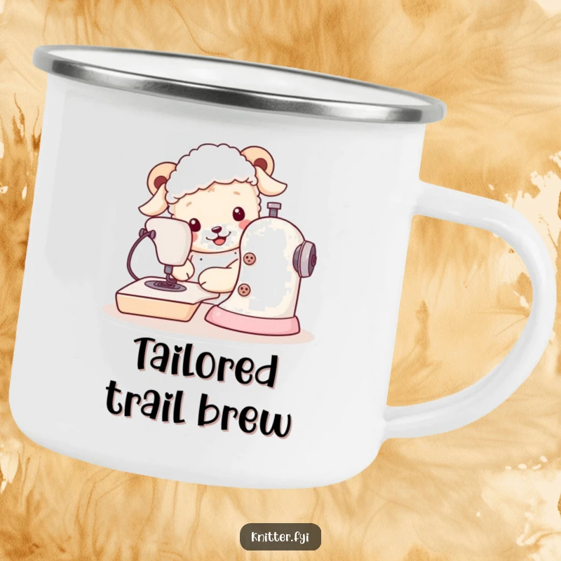 Funny sheepdog camping mug featuring a dog sewing with oversized buttons, designed for outdoor adventures and humor.