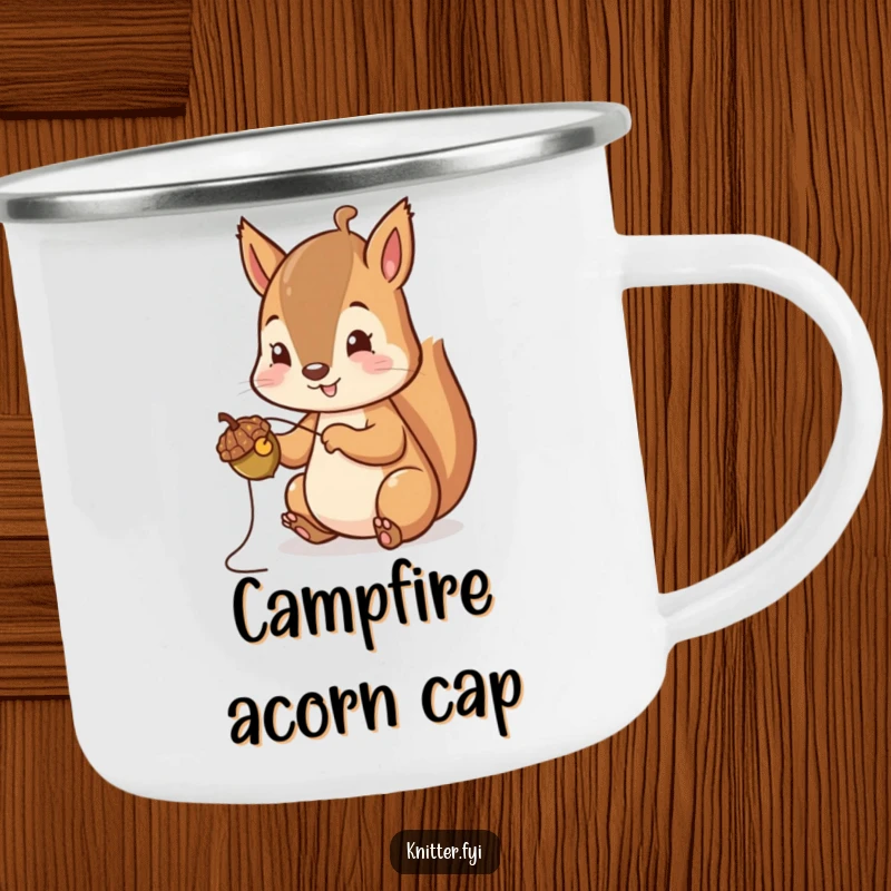 Funny Squirrel Camping Mug: A cheerful squirrel carefully stitches a tiny acorn cap, designed for outdoor crafting humor.