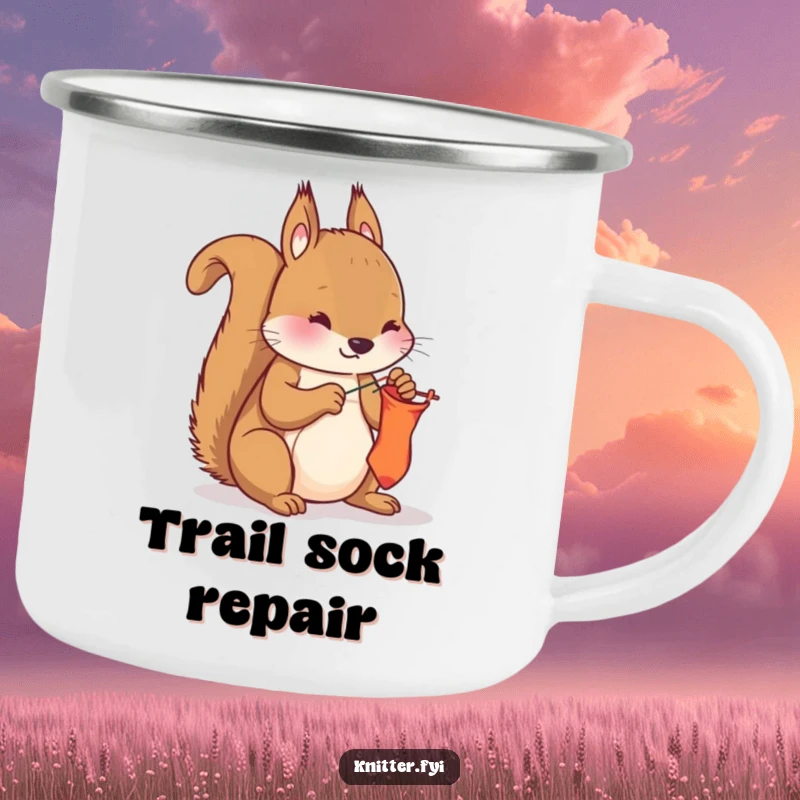 Funny squirrel mending camping mug, showing a squirrel sewing a sock with needle and thread in a natural setting, durable and amusing.