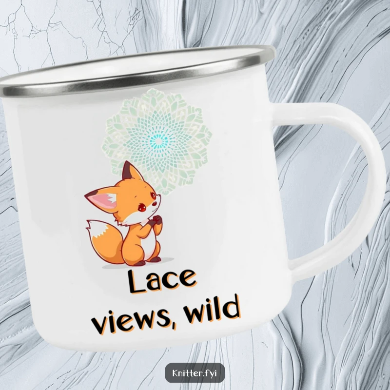 Funny camping mug with a curious fox character examining a complex lace pattern being woven in the air, perfect for art lovers.