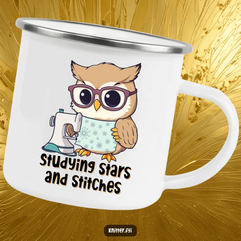 Funny camping mug featuring a curious owl character wearing large spectacles, intently studying a sewing pattern, perfect for outdoor crafters.