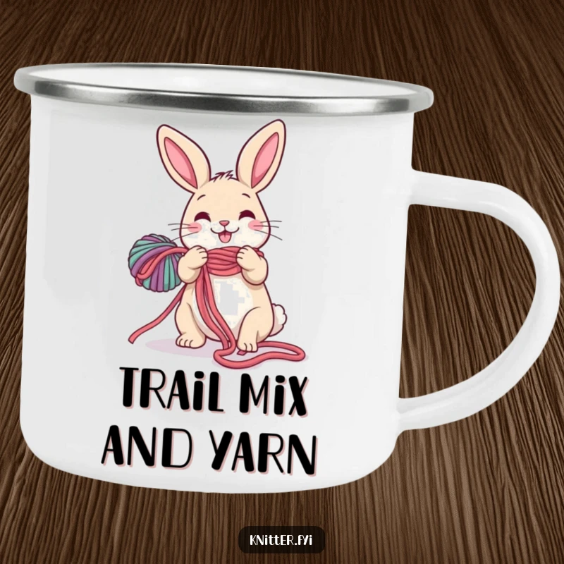 Funny Rabbit Camping Mug: A happy rabbit is shown unravelling a long, colorful yarn, designed for outdoor humor.