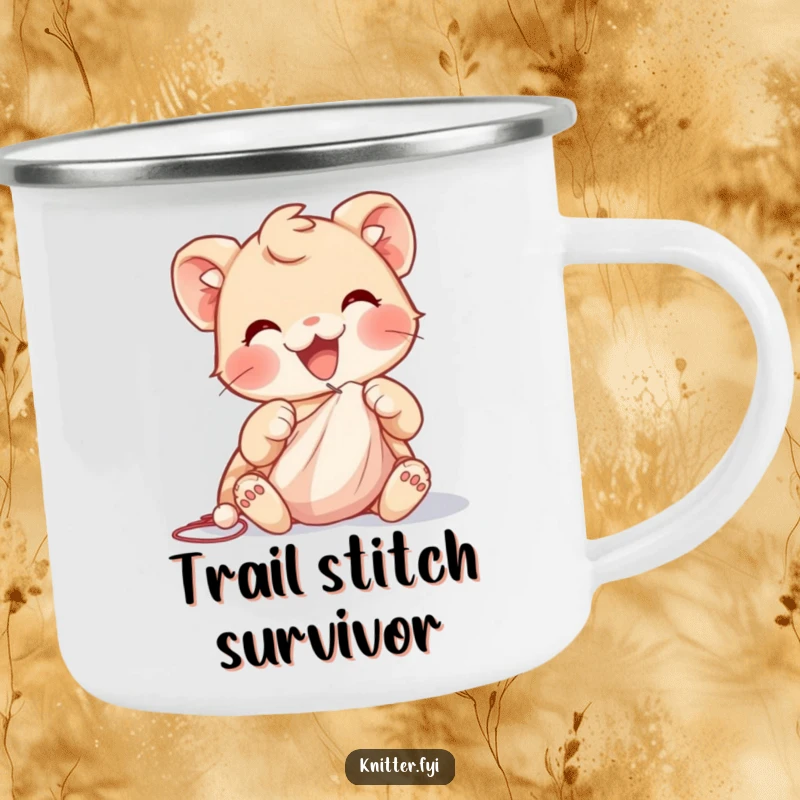 Funny camping mug showing a delighted creature with nimble paws guiding a needle through soft cloth, ideal for outdoor sewing sessions.