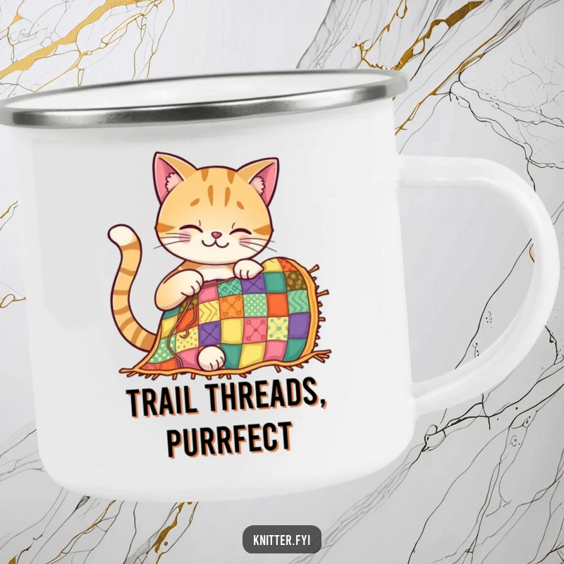 Funny cat camping mug showing a smiling cat diligently stitching a colorful quilt, perfect for outdoor crafting.