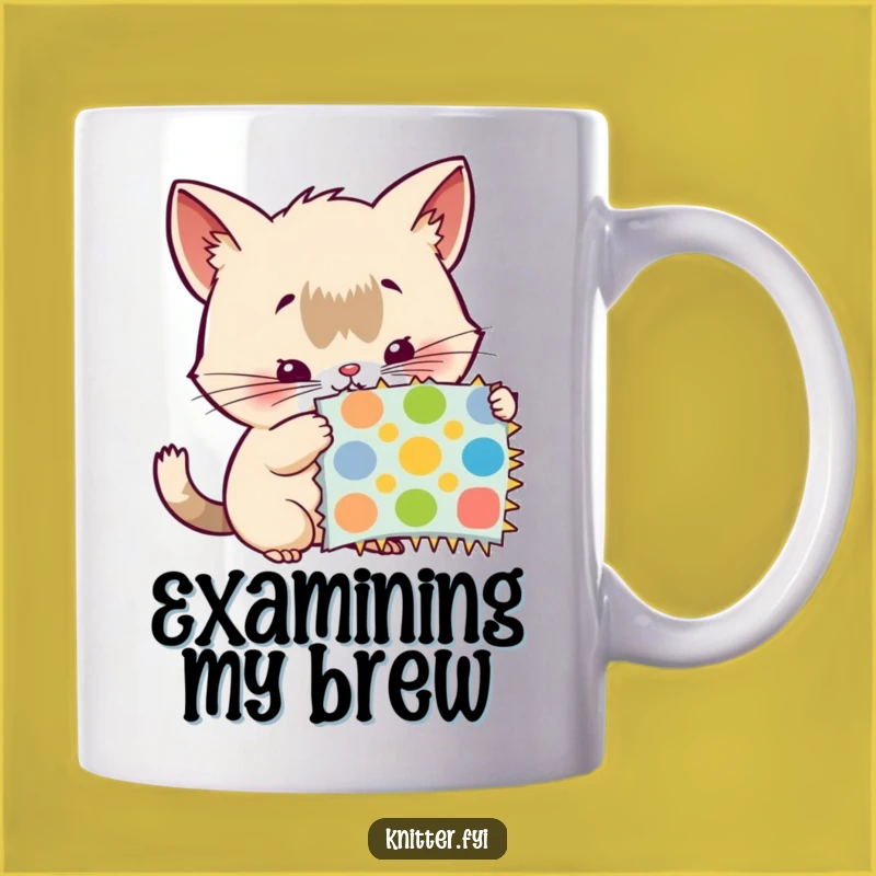 Funny Curiosity Mug: Creature Examines Swatch, Artful Gift!