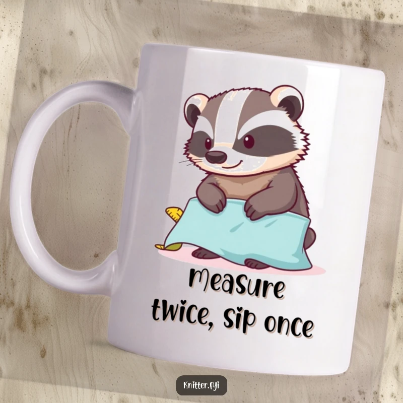 Funny badger mug with a tape measure, looking content while measuring fabric, perfect for sewing enthusiasts and crafters.