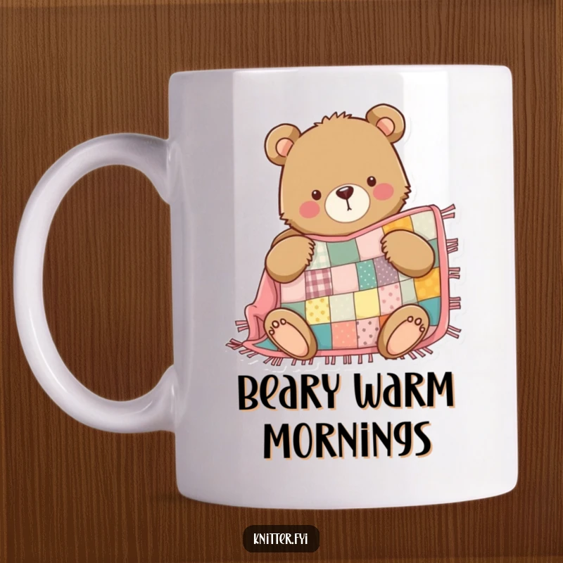 Funny Bear Sewing Mug: A determined bear proudly sews a patchwork quilt, showcasing cozy crafting.