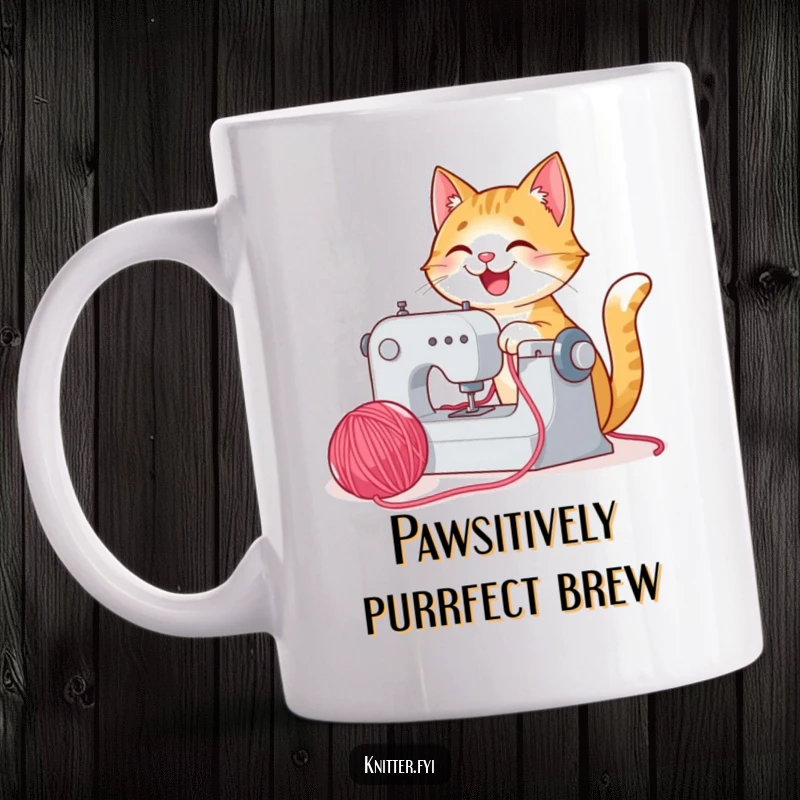 Funny happy cat operating a sewing machine with yarn, a joyful illustration for crafters and cat lovers.