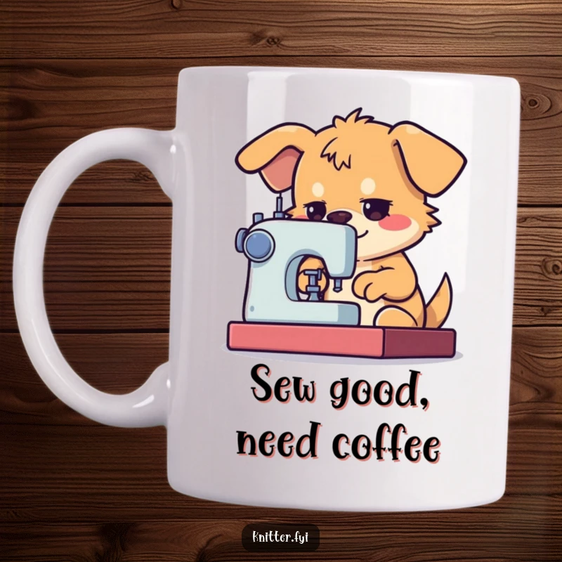 Funny Dog Sewing Mug with a determined dog character using a sewing machine with great focus, great for sewists.