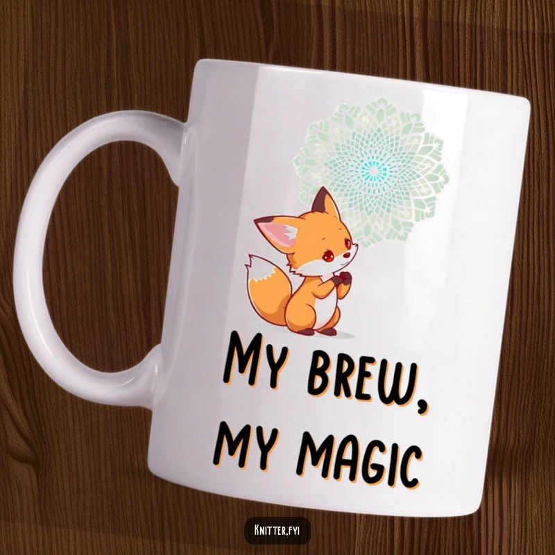 Funny mug with a curious fox character examining a complex lace pattern being woven in the air, showcasing fascination.