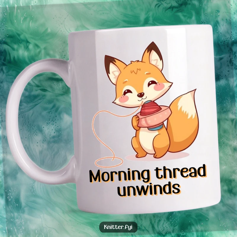 Funny fox mug character, playfully spinning a thread spool like a top, celebrating creativity and fun.