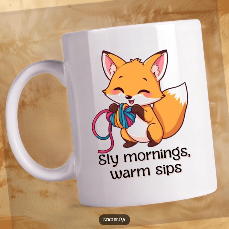 Funny mug featuring a mischievous fox character playfully tangling colorful yarn into a chaotic knot, perfect for crafters with a sense of humor.