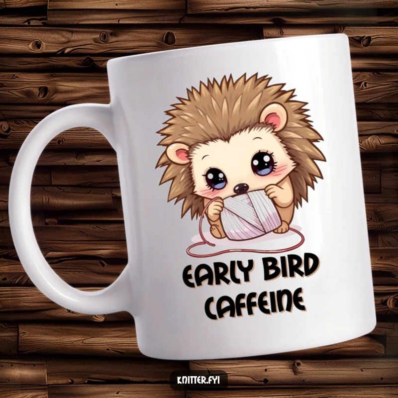 Funny Mug featuring a curious hedgehog with wide eyes, examining a spool of shimmering thread, delightful and cute.