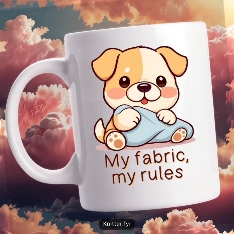 Funny Kawaii dog concentrating hard, carefully smoothing a piece of fabric with its paw, a humorous mug for tidy folks.