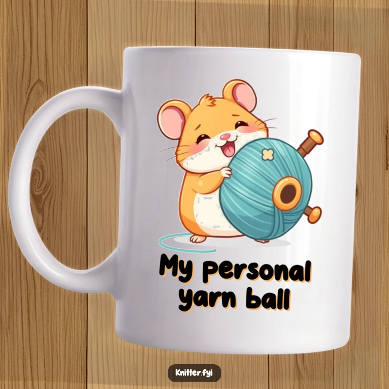 Funny Kawaii hamster mug, spinning a large thread bobbin with pure delight, perfect for crafters and gift-givers.