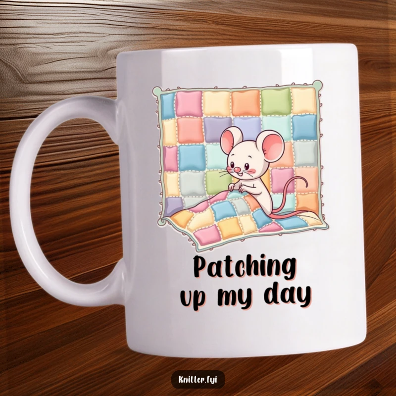 Funny Kawaii mouse giggling joyfully while sewing colorful patches onto a giant, wobbly quilt, a humorous mug for sewers.