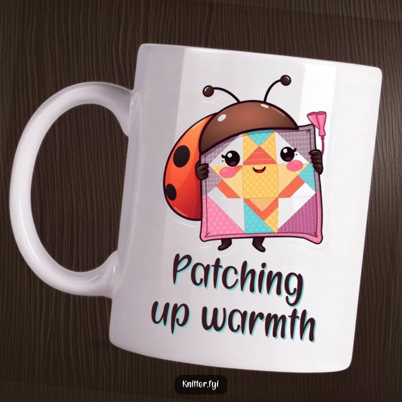 Funny ladybug mug with a proud character showing off a perfectly stitched quilt square, showcasing sewing pride.