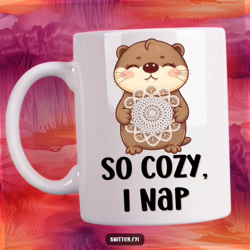 Funny otter mug showing a proud, content otter displaying a beautifully crocheted doily with eyes closed.