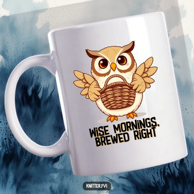 Funny owl mug featuring a proud owl displaying a beautifully woven basket. Ideal for collectors and crafters.
