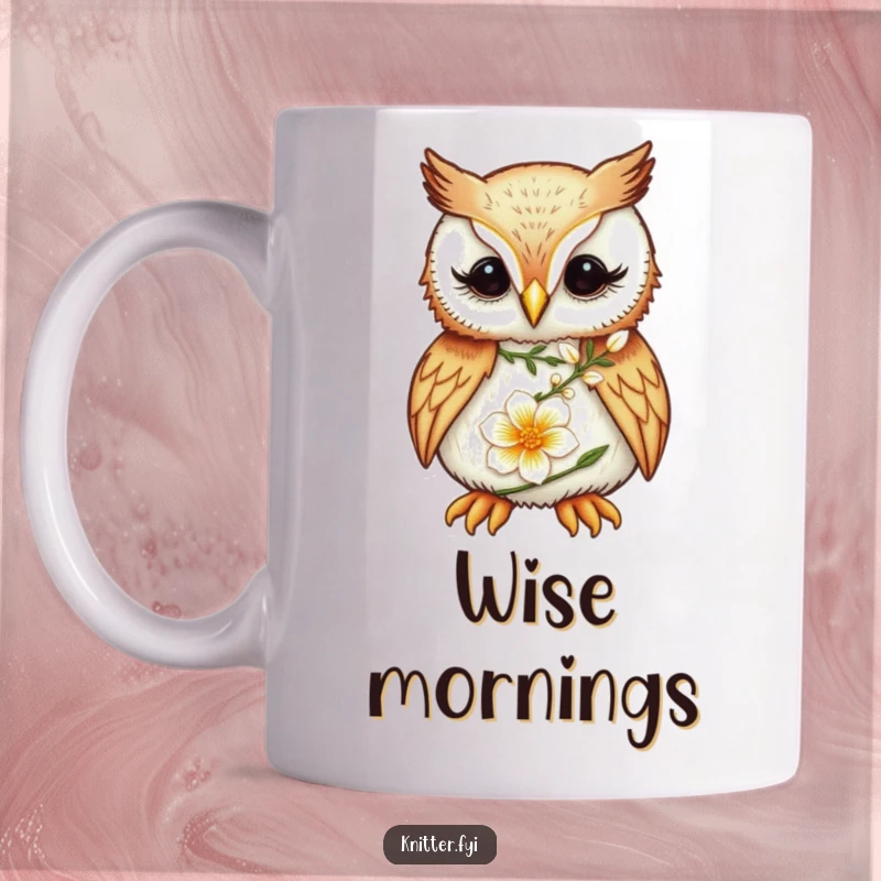 Funny Owl Embroidery Mug: A focused owl meticulously embroiders a delicate flower, showcasing intricate detail.