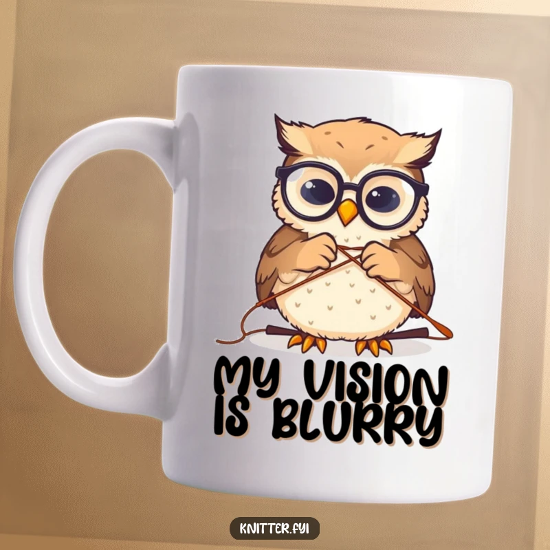 Funny mug showing a tiny owl with spectacles, concentrating hard while threading a large sewing needle, a truly humorous and relatable crafting moment.