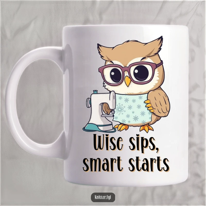 Funny mug featuring a curious owl character wearing large spectacles, intently studying a complex sewing pattern, a delight for detail-oriented crafters.
