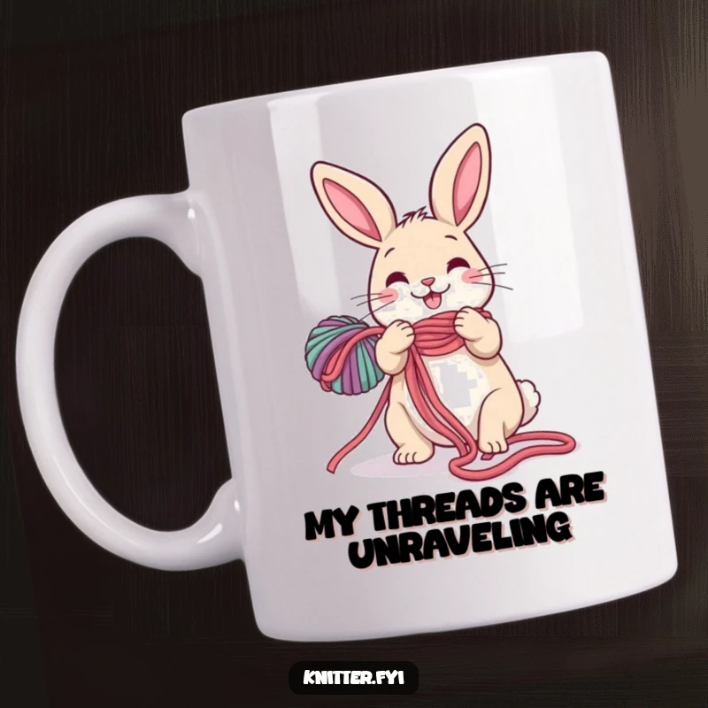 Funny Rabbit Knitting Mug: A happy rabbit cheerfully unravels a long, colorful yarn ball, showcasing a humorous crafting mishap.