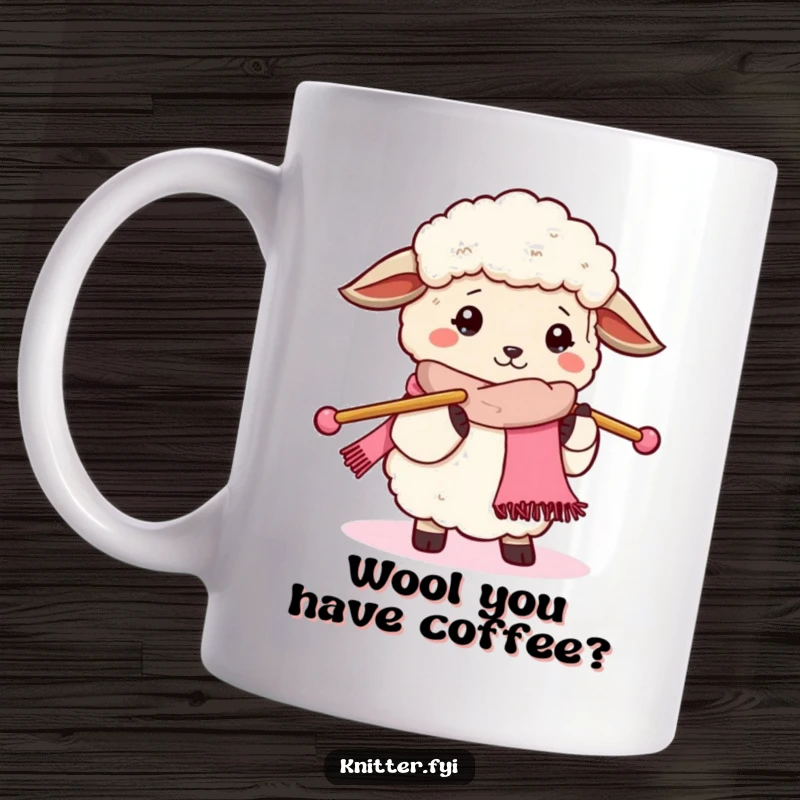 Funny fluffy sheep mug, wearing large knitting needles and happily knitting a long scarf, radiating cozy contentment.