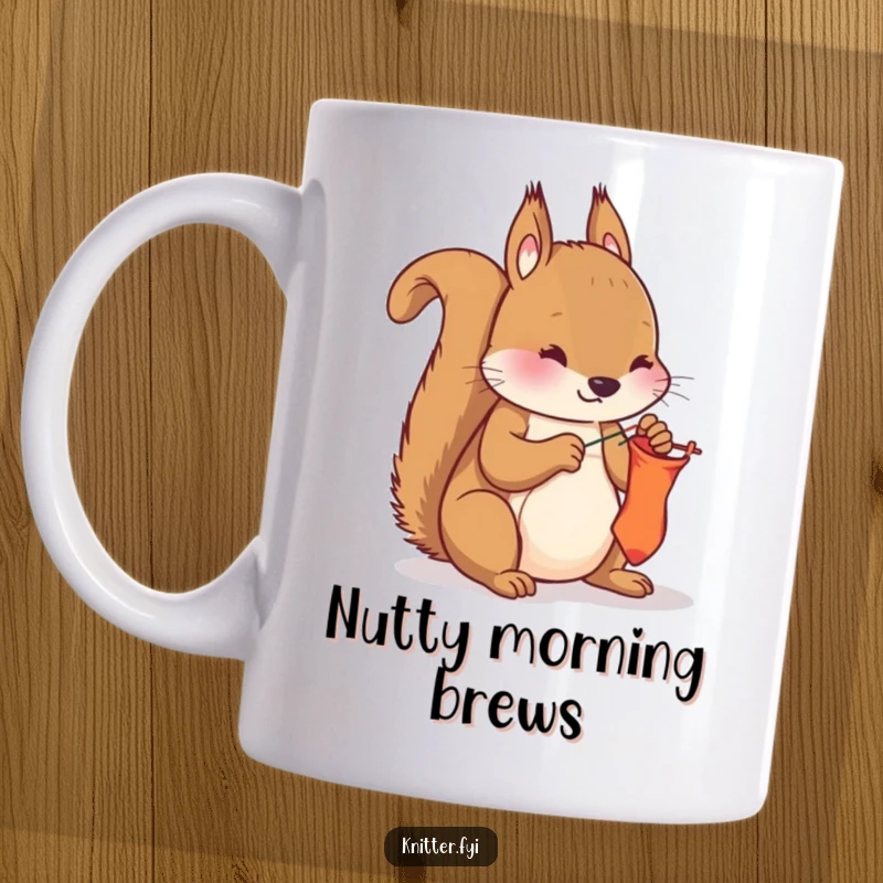 Funny curious squirrel mug, diligently using a needle and thread to carefully mend a hole in a sock, looking focused.