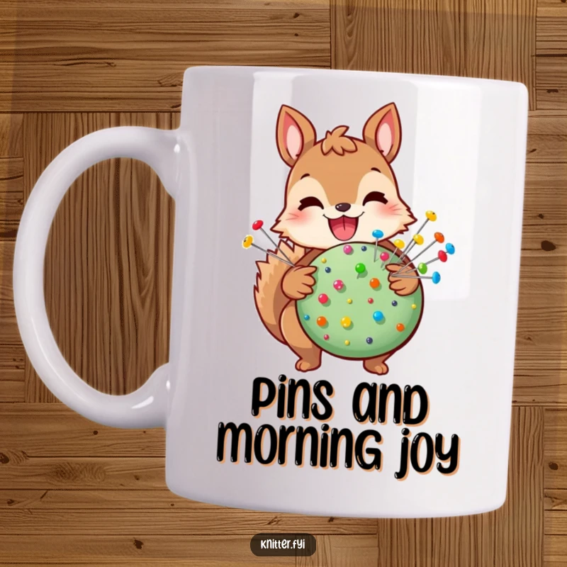 Funny squirrel mug featuring a joyful squirrel holding a pincushion overflowing with colorful pins, a humorous gift for sewers.