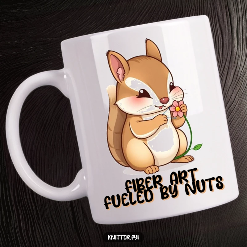 Funny mug showing a determined squirrel with a needle and thread, stitching a small flower with intense focus and skill.