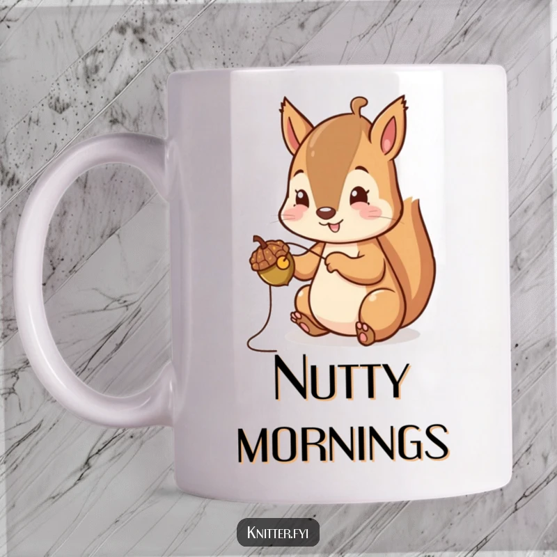 Funny Squirrel Stitching Mug: A cheerful squirrel carefully stitches a tiny acorn cap, showcasing woodland crafting.