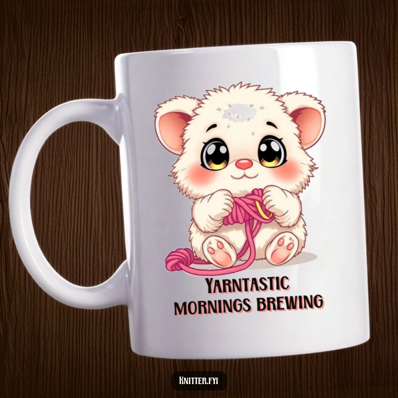 Funny Mug: A fluffy creature with large, curious eyes is expertly weaving colorful yarn with its tiny paws.