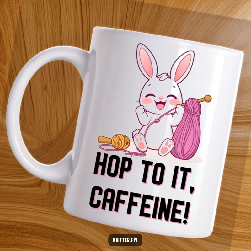 Funny mug featuring a joyful bunny character with a big smile, expertly threading a giant needle with colorful yarn, perfect for crafters.