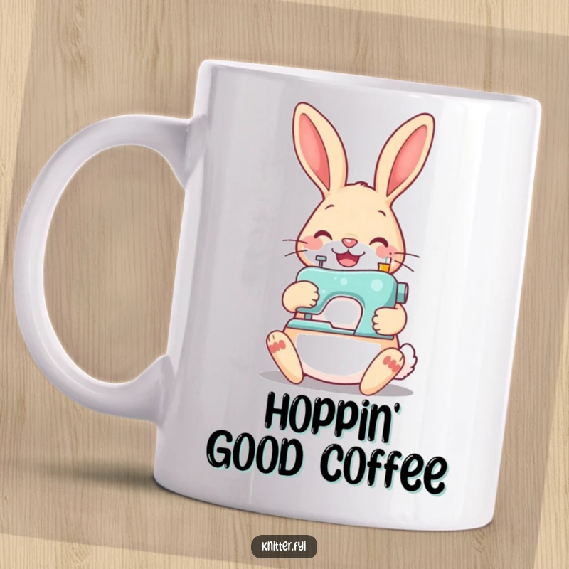 Funny cheerful rabbit mug, holding a tiny sewing machine and happily stitching a button onto fabric, radiating joy.