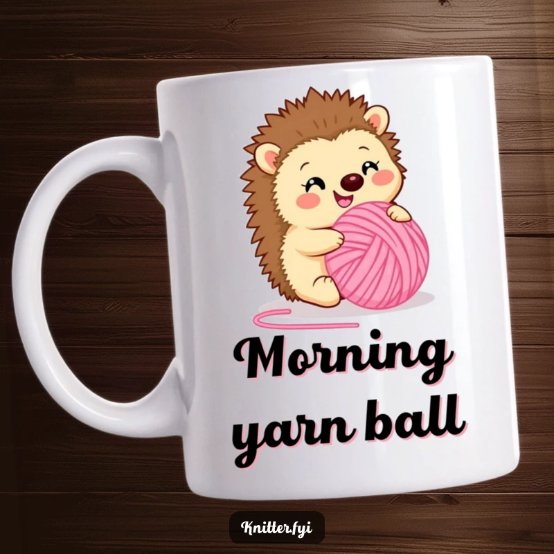 Funny mug featuring a happy hedgehog enthusiastically rolling a ball of fuzzy pink yarn. Adorable and humorous, a perfect funny gift for crafters.