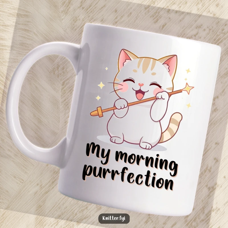 Funny mug showing a playful cat character enthusiastically threading a giant, sparkling needle, capturing feline focus and fun.