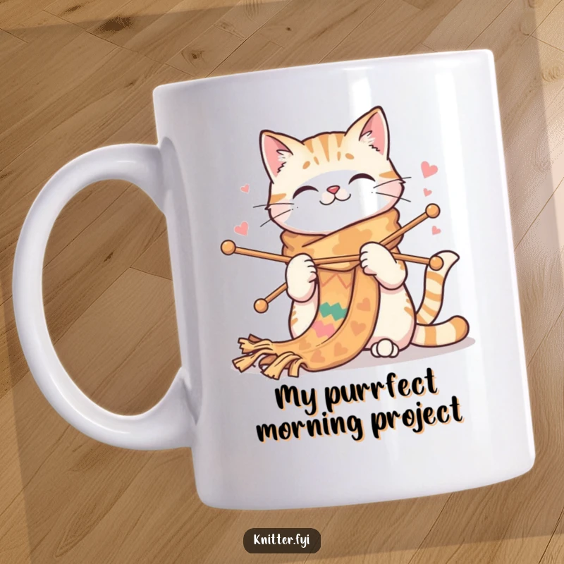 Funny cat mug showcasing a happy cat with large needles, enthusiastically knitting a super long, colorful scarf. Perfect for crafters.