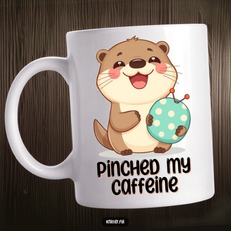 Funny mug with a happy otter holding a small pincushion and smiling widely, celebrating the joy of sewing.