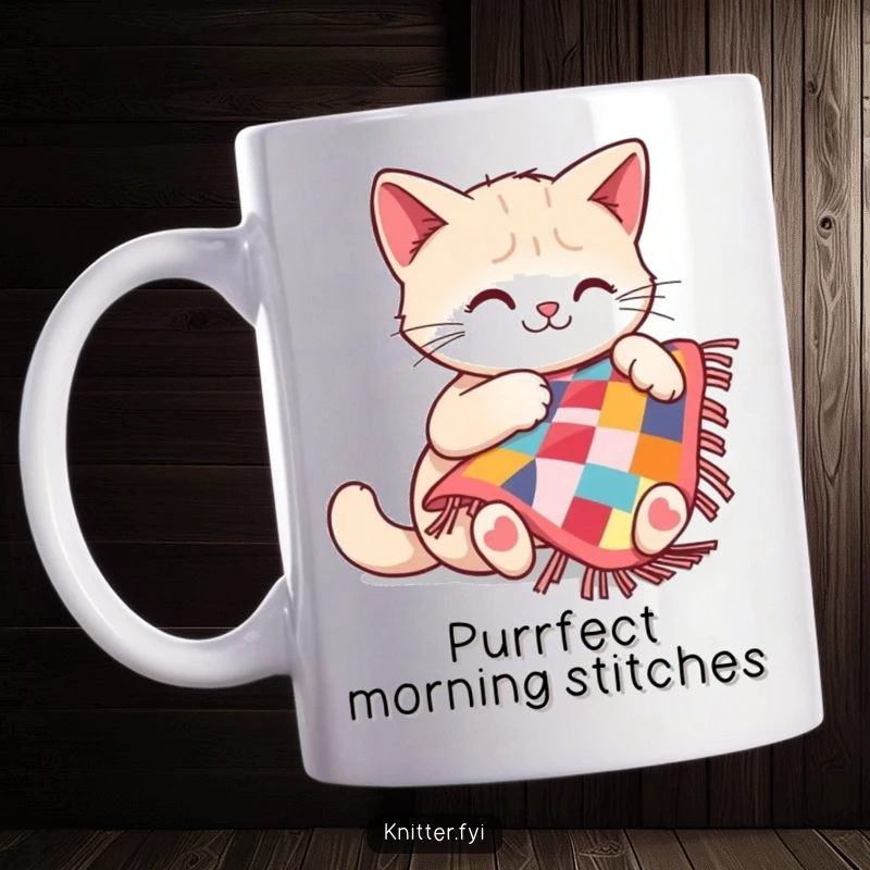 Funny cat mug featuring a joyful cat meticulously sewing a small, colorful quilt with focus and skill.