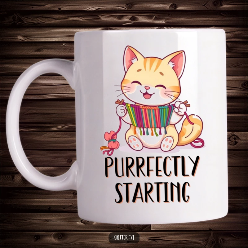 Happy cat character expertly weaving a colorful tapestry with its paws, on a mug.