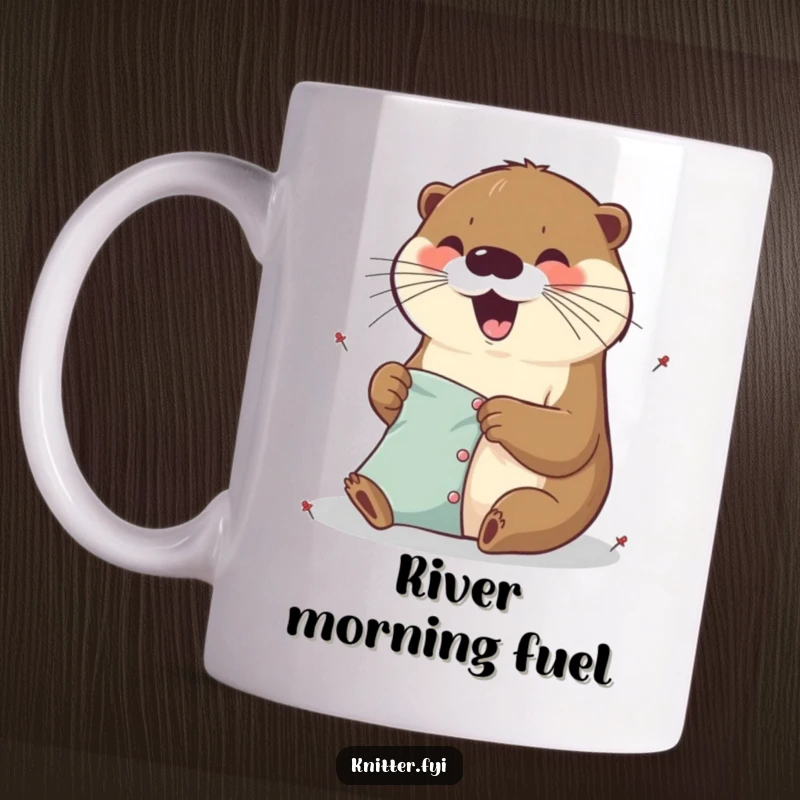 Funny excited otter pinning fabric pieces with tiny pins, a diligent and happy illustration.