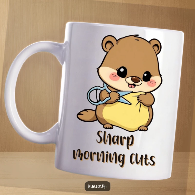 Funny beaver mug showing a busy beaver carefully cutting fabric with sharp scissors, a humorous gift for crafters.